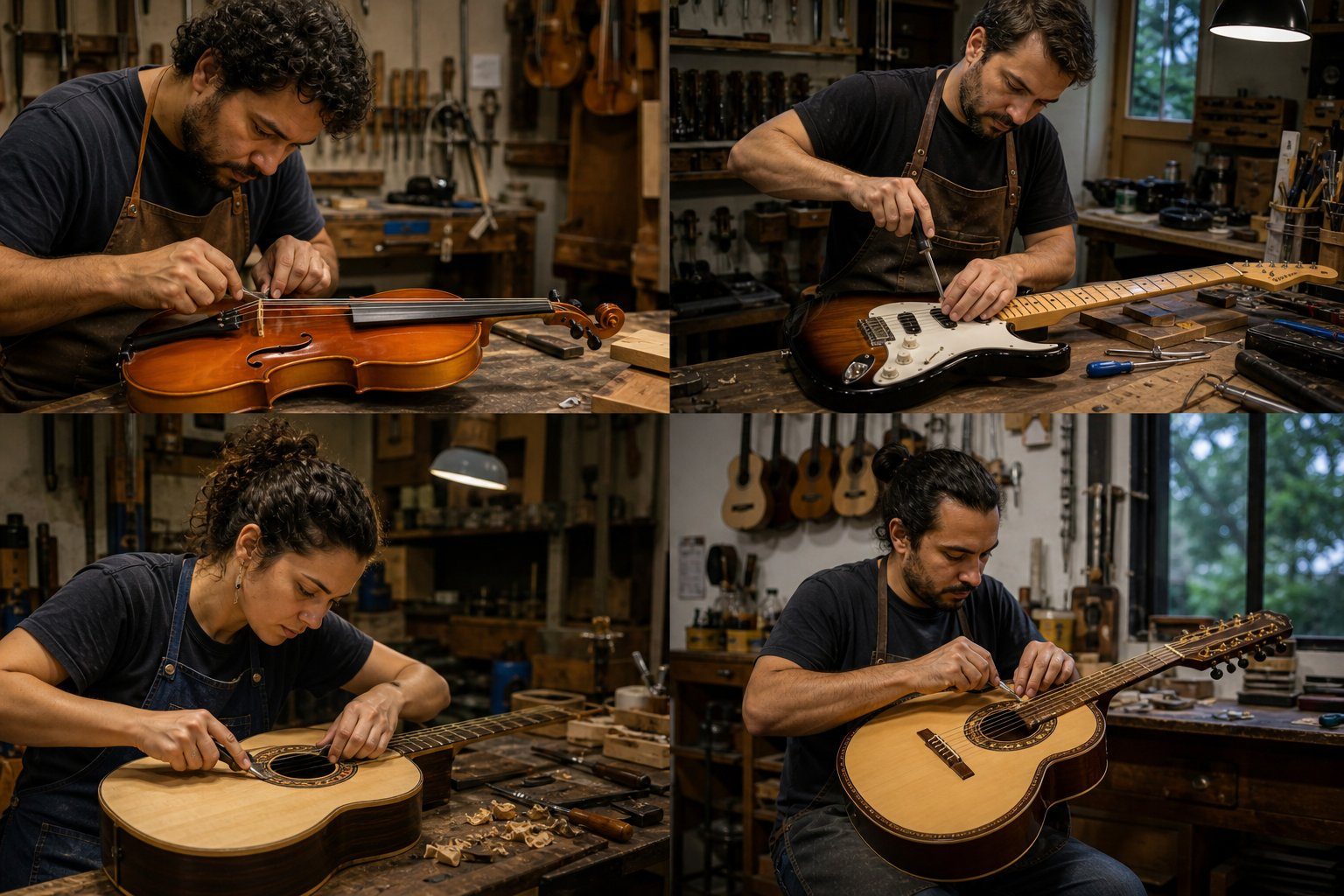 Luthiers brasileiros trabalhando em oficinas: violino, guitarra elétrica e violões artesanais